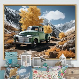pickup truck Oversized framed wall art decor, Pickup Truck framed wall Art, Green Pickup Truck horizon Adventurers, Green Modern Natural framed wall art, 44x34 inches Natural brown color Frame
