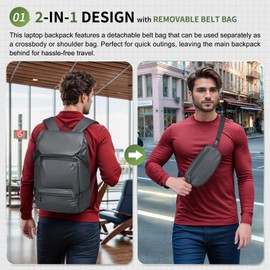 SUIKIHUM 2 in 1 Travel Backpack, Lightweight Fit in 17" Laptop Backpack with Removable Belt Bag, Waterproof Day Trip Bag, Gray