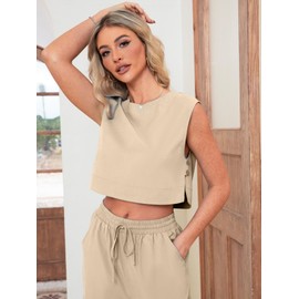 Glamaker Women's Linen Summer 2 Piece Outfits Sleeveless Tank Croped Matching Sets Trendy Wide Leg Pants 2024 Fashion Clothes Apricot S