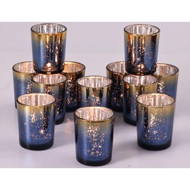 Volens Navy Votive Candle Holders Set of 12, Speckles Mercury Glass Tealight Candle Holder Bulk for Table Wedding Centerpiece, Navy Blue and Gold Themed Party Decorative & Home Decor