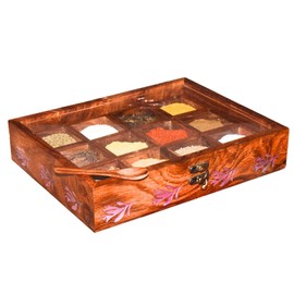 Wooden Spice Box for Kitchen with Spoon – 12 Compartments Detatchable - Indian Masala Dabba with Glass Lid & Multipurpose Dry Fruits Storage Organizer - for Gifts(Pink Resin-Infused Leaf Design)