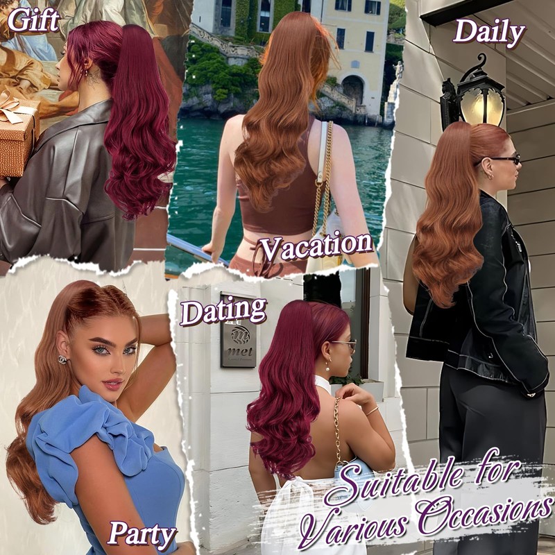 BARSDAR Medium Auburn Wavy Drawstring Ponytail Extensions, 20 Inch Drawstring