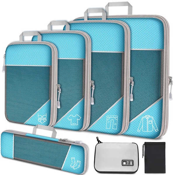 NiHome - Juego de 7 cubos de compresión de malla expandible, organizador de equipaje con cable electrónico, organizador de cordón para viaje, almacenamiento en el hogar, accesorios de equipo de viaje (azul)