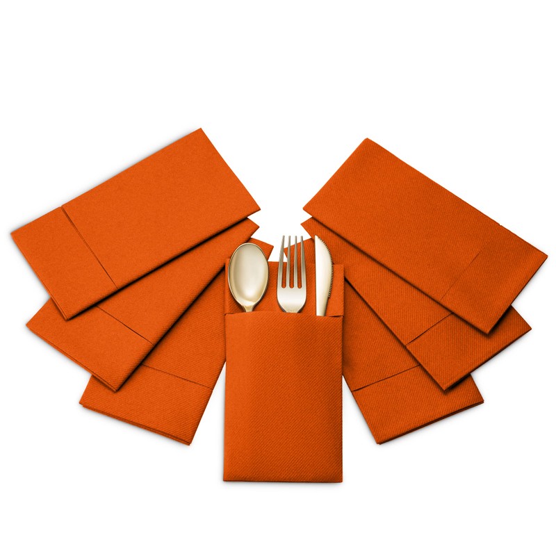 50-Pack Disposable Linen-Feel Dinner Napkins with Built-in Flatware Pocket, ORANGE