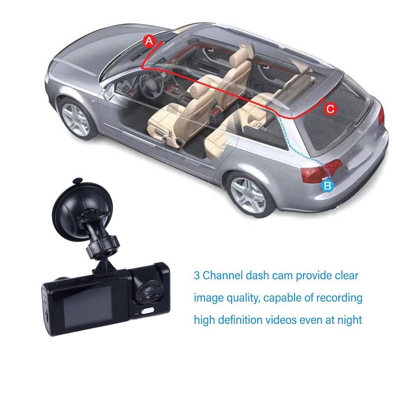 3 Channel Dash Cam 170° Front Viewing Angle Three Way
