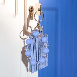 M-Plateau Wristlet Keychain With Wallet,Includ Beads Bracelets And Leather Credit Card Holder For Go Out Travel Essentials (Eyelet Blue Bead)