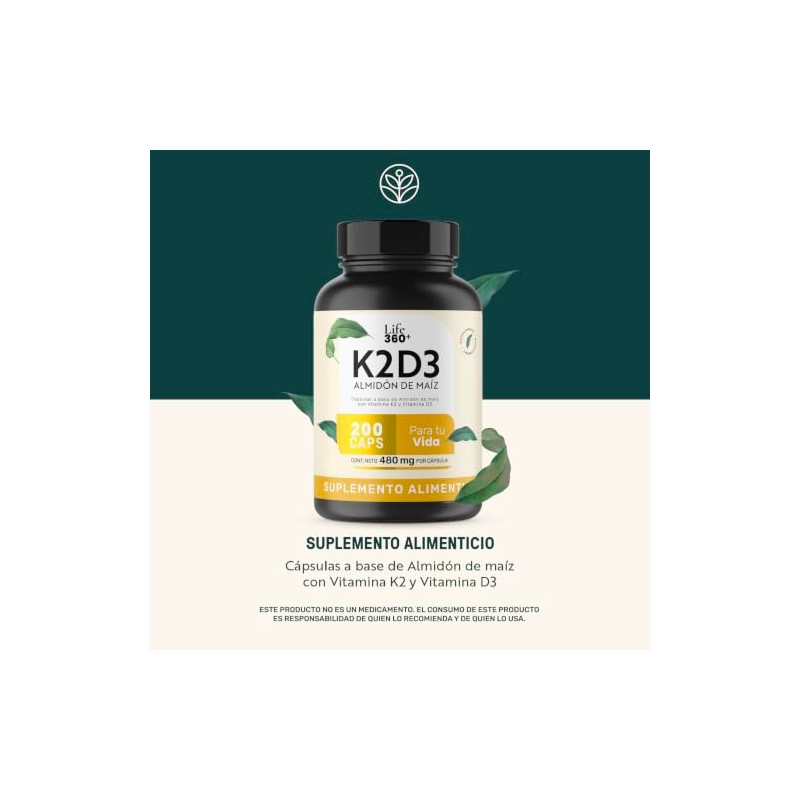 LIFE 360+ Vitamina K2 D3 | 200 cápsulas | 480mg