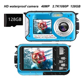 Cámara Digital Full HD, Cámara Subacuática a Prueba de Agua, 2.7K 48MP, Videocámara Selfie con Zoom 16X, Pantallas LCD Dobles Delanteras Y Traseras(Azul)