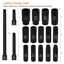 ARTIPOLY 1/2" Drive SAE Deep Impact Socket Set, 19 Piece Cr-V Steel Socket Set SAE Size 3/8" to 1-1/4", Includes Extension Bars, Universal Joint and Adapter, 6 Point Design, Meets ANSI Standards