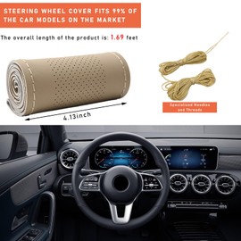 Dickno Car Steering Wheel Cover, Anti-Slip Stitch on Wrap Steering Wheel Protector for Max Diameter 15 Inch, DIY Sewing with Needle Thread, Universal Auto Accessories (Beige, Middle Hole)