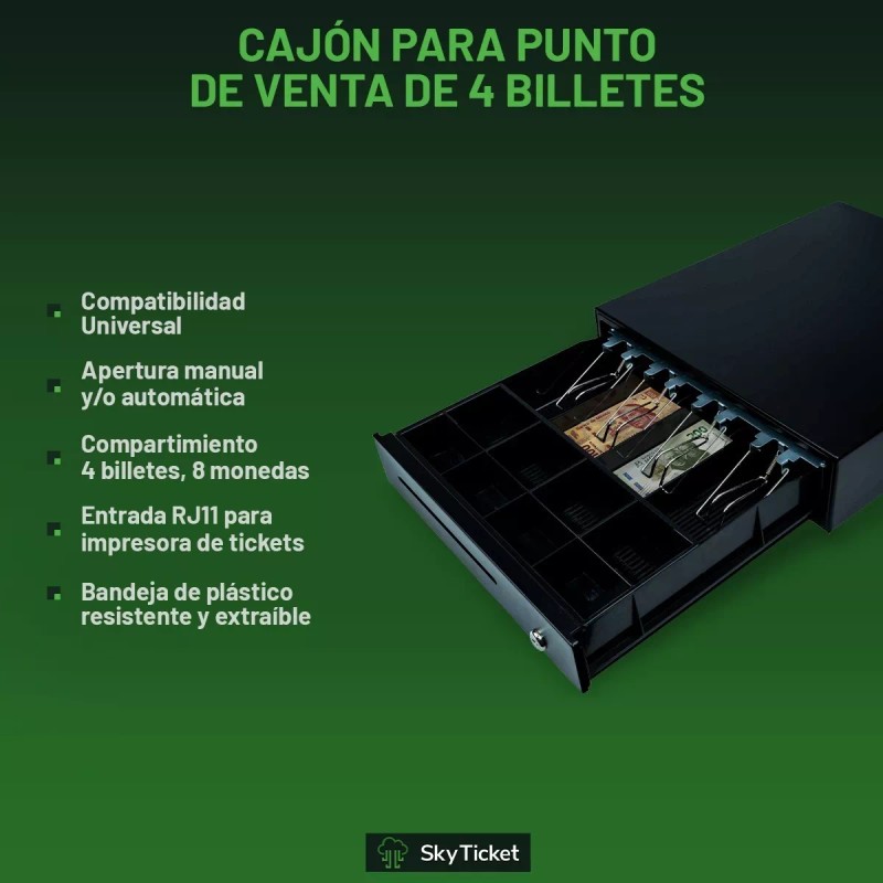 Sky Ticket Cajón Dinero Uso Rudo Punto Venta 4 Billetes