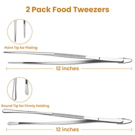 GEEKHOM Professional 12-Inch Chef Tweezers Tongs: 2-Pcs Stainless Steel with Precision Serrated Tips for Plating (Silver)