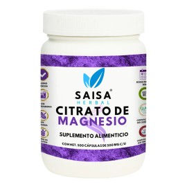 Citrato Magnesio Puro 500 Cápsulas Suplemento Alimenticio Alta Biodisponibilidad Sabor Saisa Herbal Apoyo Sueño Energía Vitalidad