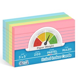 Chell 200 Count Index Cards 3x5 Inch Heavyweight, Ruled Front and Blank Back, 65 lb. Cover Weight, Pastel Colors