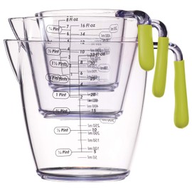 KitchenCraft Colourworks 3 Piece Acrylic Measuring Jug Set, Stackable Jugs for Cooking Baking with Coloured Soft Grip Handle - Green