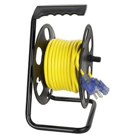 Clear Power 50ft 14/3 SJTW Yellow Outdoor Extension Cord & Heavy Duty Cord Storage Reel with Metal Stand, 3 Prong Grounded Plug, Lighted-Locking Connector, DCCO-9005-DC