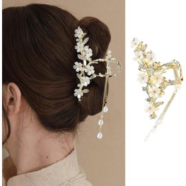 Jasmine Metal Hair Claw Clips with Pearl Rhinestone Design - Large Non-slip Jaw Clamps and Flower Styling Hair Accessories for Women and Girls