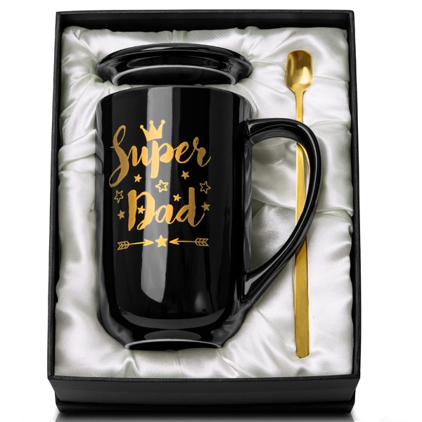 Cool Gifts for Dad - Dad Birthday Gifts for Dad Who Wants Nothing from Daughter Son Kids, Birthday Gift for Men from Wife, Fathers Day New Dad Gift, Ceramic Metallic Glaze Super Dad Mug 18oz Black