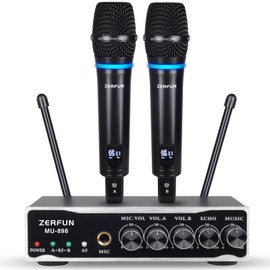 ZERFUN 2 Channel Rechargeable Wireless Microphone System, Pro UHF Metal Handheld Wireless Microphones Cordless Mics with Echo Bluetooth VOL Channel Control for Karaoke Singing Church(MU-898)