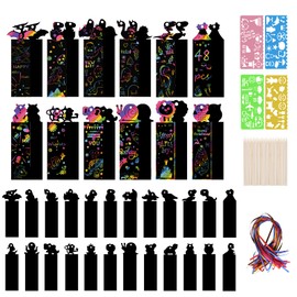 Vicloon Scratch Pictures for Children, 48 Pieces Scratch Picture Dinosaur y Small Animals, Scratch Pictures Bookmark with 24 Wooden Pens and 48 Ribbons, 4 Drawing Templates for Party DIY Gift Tags