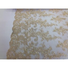 NEW CREATIONS FABRIC AND FOAM INC CHAMPAGNE FLORAL DESIGN EMBROIDERY WITH IRIDESCENT SEQUIN ON A MESH-SOLD BY YARD