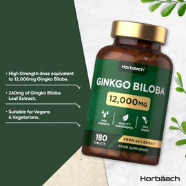Horb?ach Ginkgo Biloba 12,000mg | 180 Vegan Tablets | High Strength Standardised 50:1 Extract | 24% Glycosides & 6% Lactones | No Artificial Preservatives | by Horbaach