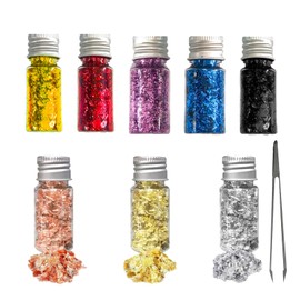 YNR 8 Bottles Gold Foil Flakes Leaf Gold Leaf Flakes Imitation Gold Leaf Set with Tweezer Foil Flakes Metallic Gilding Paper Inedible for Nails Art,Painting,Crafts,Resin Jewelry Making Decoration