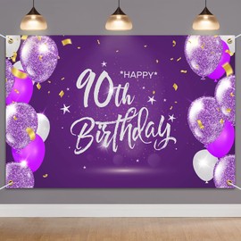 HAMIGAR 6x4ft Happy 90th Birthday Banner Backdrop - 90 Years Old Birthday Decorations Party Supplies for Women - Purple