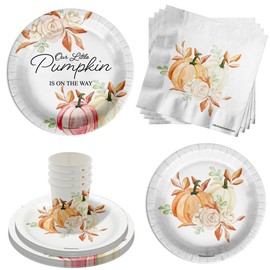 Our Little Pumpkin Is On The Way Girl Baby Shower Party Supplies - 64 Piece Fall Baby Shower Tableware Set Includes Large 9" Dinner Plates and 8" Dessert Paper Plates Napkins Cups - Kit for 16