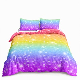 HOSIMA Girls Bedding Sets Twin ,Rainbow Bedding Kawaii Aesthetic Soft Rainbow Sunset Effect Themed Duvet Cover Queen Size for Kids Girls Room Decor, Twin Bed in a Bag for Girls with 2 Pillowcases.