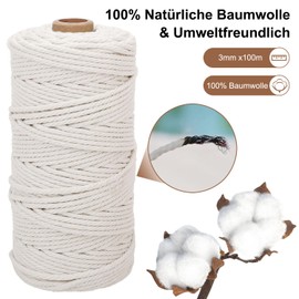 3 x Macrame Yarn 3 mm x 100 m, Cotton Macrame Cotton Yarn, Cotton Rope, Macrame Yarn, Colourful Cotton Craft Cord for Hanging, Plant Hangers, Crafts, Knitting (Beige, Light Pink, Leather Pink)