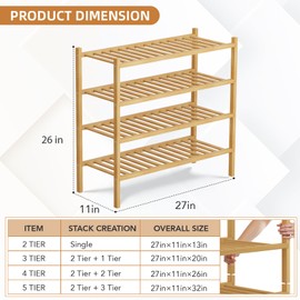 4 Tier Bamboo Shoe Rack Storage Organizer for Closet, Multifunctional Stackable Free Standing Shoe Shelf Organizer for Small Space,Entryway,Hallway,Bathroom 27"x11"x26"(Natural, 4 Tier)