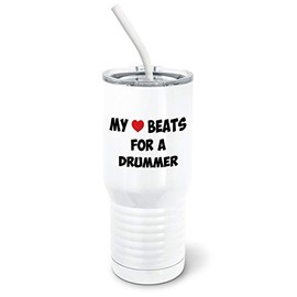 PixiDoodle My Heart Beats For A Drummer - Drummer's Band Tumbler with Spill-Resistant Slider Lid and Silicone Straw (20 oz Tall Tumbler, White)
