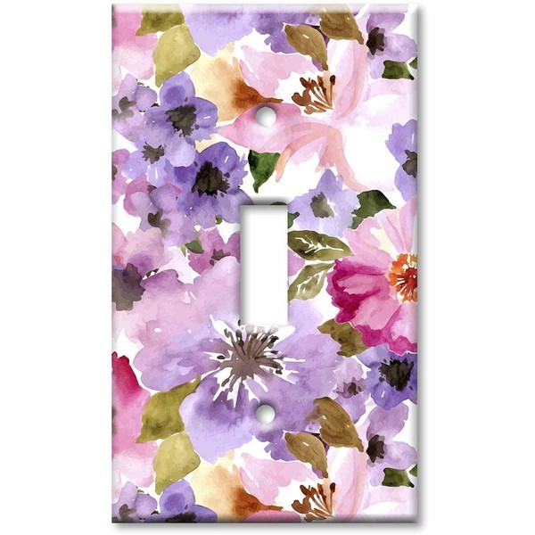 Art Plates 1-Gang Toggle OVERSIZED Switch Plate/OVER SIZE Wall Plate - Pink & Purple Flower Watercolor
