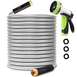 Macuvan Flexible Metal Garden Hose 100ft-Heavy Duty Water Hose with Durable 304 Stainless Steel and 10 Way Spray Nozzle-Strong 3/4'' Solid Brass Fitting-Outdoor Yard No Kink Lightweight Long Hose Pipe