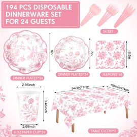 Yungyan 194 Pcs Pink Floral Party Decorations Disposable Pink White Toile Chinoiserie Plates and Napkins Tablecloth Cups Tableware Favors Set For Bridal Baby Shower Wedding Tea Party Decorations