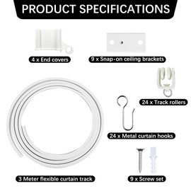 Flexible Bendable Ceiling Curtain Track 9.8ft/3 Meter Ceiling Track For Curtains, Ceiling/Wall Mount Curtain Rail System For Curved Shower Curtain, RV/Sliding Curtain Track (WHITE)