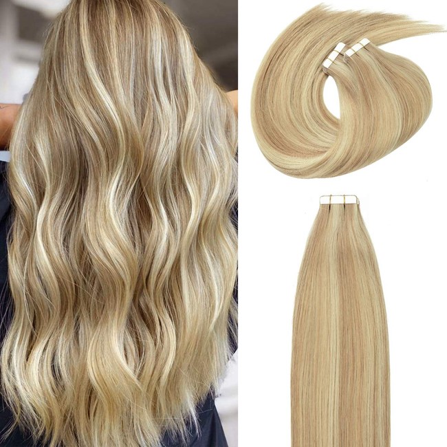 Lacerhair Hair Extensions Natural Remy Tape in Human Hair Extensions Dip Dyed Balayage Seamless PU Skin Weft 100% Real Virgin Hair Ombre Golden Blond Color Double Side 50g 20pcs/set 20 inch, P#12/60