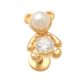 ANYGOLDS 14k Real Solid Gold & Pearl Teddy Bear Stud, Cute Dainty Earring, Flat Back Internal Tragus Cartilage Ear Stack Post Stud Piercing 18gauge (14K Yellow Gold)