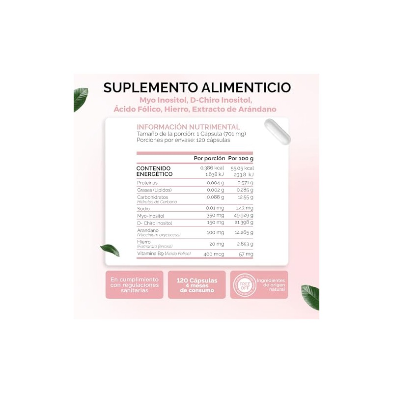 Oby Inositol Myo Chiro Acido Folico Hierro Extracto Arándano Suplemento