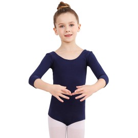 Soudittur Ballet Outfits for Girls Women 3/4 Long Sleeve Gymnastics Leotard Cotton Dance Leotards (S, Navy Blue)