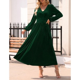 ZESICA Women's Velvet Midi Dress Casual V Neck Long Sleeve Solid Color Elastic High Waist Flowy Evening Party Dresses,Green,Small