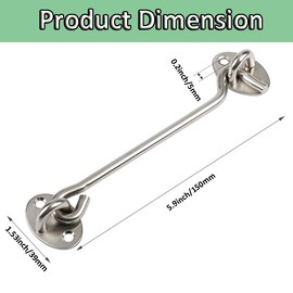 6inch Hook and Eye Latch, Cabin Hook Stainless Steel Door Lock Hook, Silver Gate Hook Stainless Steel Cabin Hook, Door Catch for Internal Door Hooks to Keep Door Open for Outdoor Garden Gate Latch Use