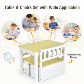KOTEK Kids Table and Chair Set, 4 Piece Kids Activity Table and Chairs with Toy Storage Bench, Toddler Table Set for Arts, Crafts, Snack Time, Playroom, Kindergarten, Bedroom (Natural)