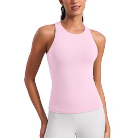 CRZ YOGA Butterluxe Workout Tank Tops for Women - Racerback Padded High Neck Yoga Athletic Shirt with Built in Bra Pink Peony Large