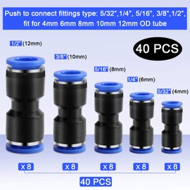 40 Pcs Quick Connect Straight Push Connectors,5/32" 1/4" 5/16" 3/8" 1/2 inch OD Push-to-Connect fittings,Quick Release Pneumatic Air Line Hose Fittings Kit Connector for 4mm 6mm 8mm 10mm 12mm OD Tube