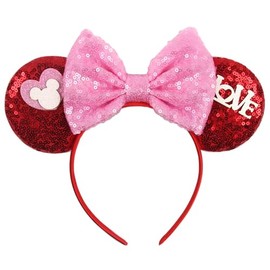 QHSWDLP Mouse Ears Headbands Shiny Bows Sequin Ear Hair Band Princess Decoration Cosplay Costume Accessory for Women Girls Valentine Pink Red