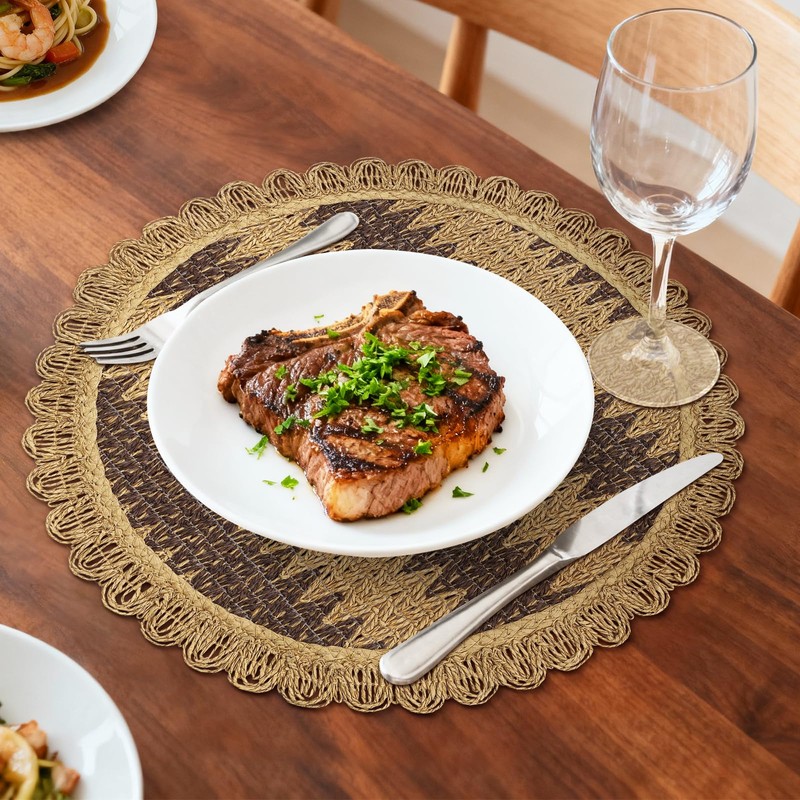 fanquare Boho Round Woven Placemats Set of 6, 15" Scalloped