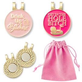 CNhoqc 2pcs Funny Golf Ball Marker Accessories, Pink Golf Ball Markers with 2pcs Magnetic Hat Clips & Pink Velvet Pouch, Removable Attaches for Golf Caps, Funny Golf Gift for Women (Pink)