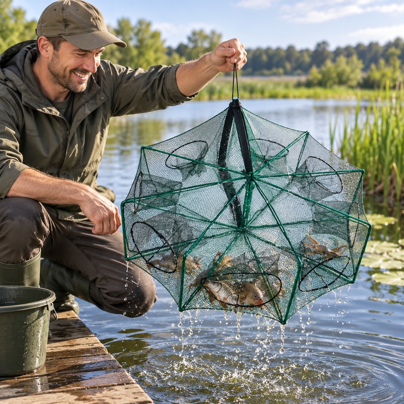 65cm 8-Hole Foldable Fishing Net for Shrimp, Crayfish & Small
